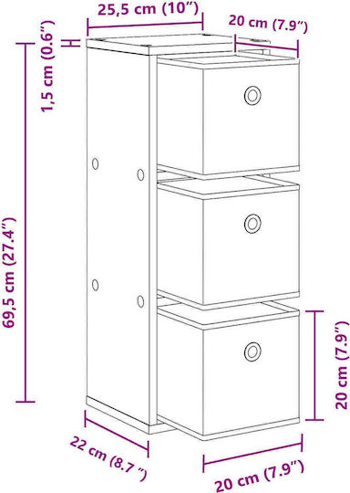 Wooden Storage Drawers with 3 Drawers M25.5xW22xH69.5cm