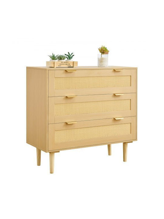 Wooden Chest of Drawers with 3 Drawers Natural Rattan 80x35x77cm