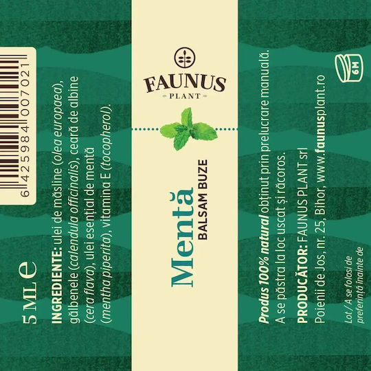 100% Natural Mint Lip Balm 5ml Faunus Plant