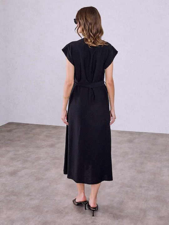 body fitted dress LIISU Short Linen Dress with a Ruffle Hem - Black