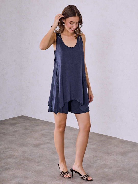 Celestino Γυναικεία Μπλούζα Διακοσμητικές Ραφές Loose Fit Σκούρο Μπλε
