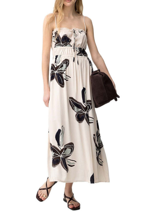 Summer Maxi Dress with Ruffles Beige with Blue Floral Pattern