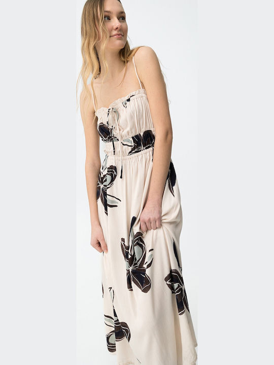 Summer Maxi Dress with Ruffles Beige with Blue Floral Pattern