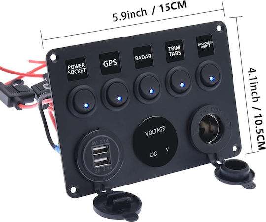 Sundiguer Panou Comutator Auto 12v 24v 5 Comutatoare Led Comutatoare Duble Usb 2.1a Priză Brichetă Voltmetru Digital Ip66 Rezistent La Apă Carcasă Din Aluminiu Universal Auto Utv Rv