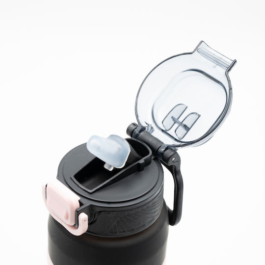 Happy Sticlă de Apă 800ml Ombre Negru-Roz Mâner Antiderapant din Silicon Pai și Dozator