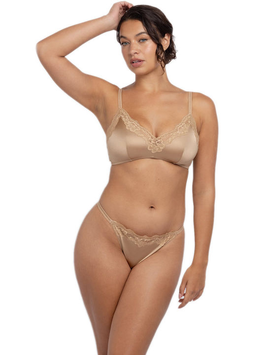 Ψηλόμεσο Γυναικείο String χωρίς Ραφές με Δαντέλα Ivory/beige
