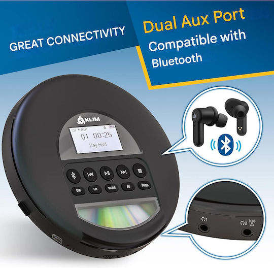 Klim Nomad Cd Player Portabil Discman Bluetooth Radio Fm Mp3 Cititor Tf Baterie Reîncărcabilă Inclusă Căști Compatibil Cd-r/cd-rw Aux Auto Negru
