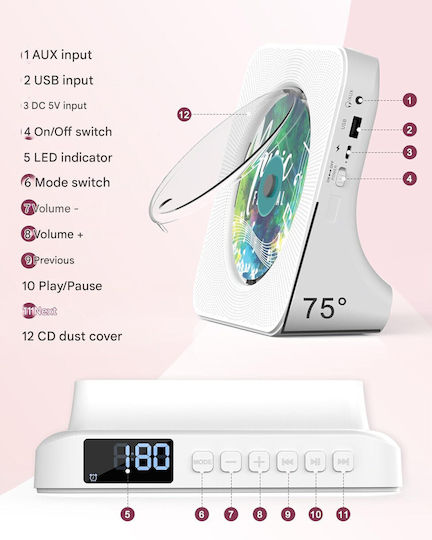 Premium Player Cd Portabil Greadio Bluetooth 5.0 Bidirecțional Boxe Stereo Hifi Telecomandă Ecran Led Radio Fm Cd Mp3 Usb Aux Suport Jack Căști Design Elegant Rezistent la Praful Funcție Temporizator de Somn Alb