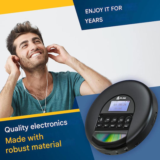 Klim Nomad Cd Player Portabil Discman Bluetooth Radio Fm Mp3 Cititor Tf Baterie Reîncărcabilă Inclusă Căști Compatibil Cd-r/cd-rw Aux Auto Negru