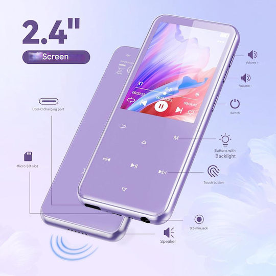 Agptek MP3 Player 64GB Bluetooth 5.3 Ecran TFT 2.4 Inch Hifi Lossless Difuzor Incorporat Radio FM Înregistrare Suportă Card TF 128GB Mov