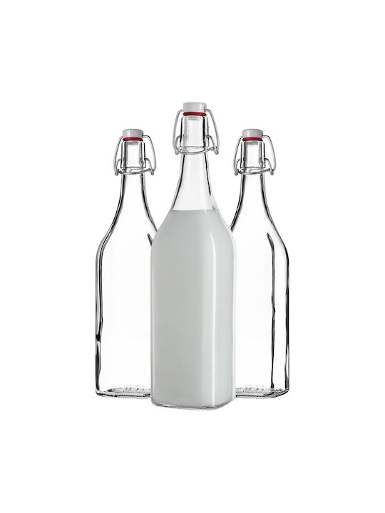 Kadax Μπουκάλι Νερού Γυάλινο με Κλιπ Διάφανο 1000ml 3 Τεμάχια