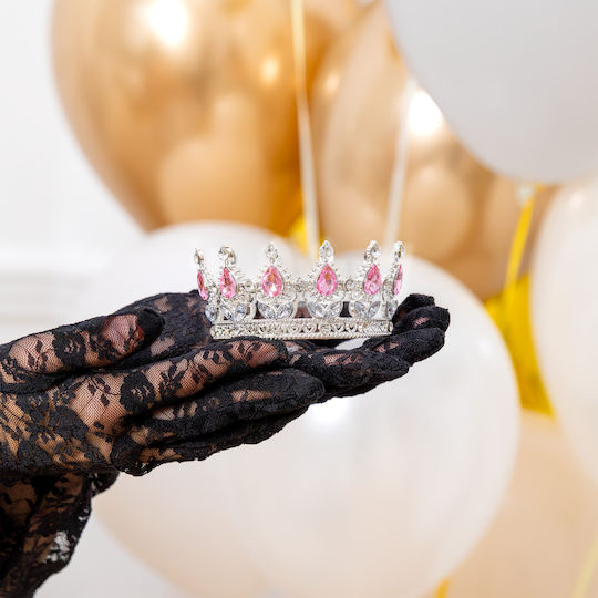 Metallic Decorative Cake Crown Silver Pink Crystals 10cm