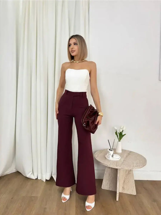 Women's High Rise Fabric Flared Trousers in Slim Fit Burgundy