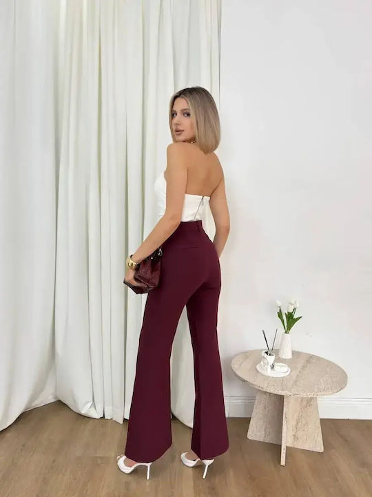 Women's High Rise Fabric Flared Trousers in Slim Fit Burgundy