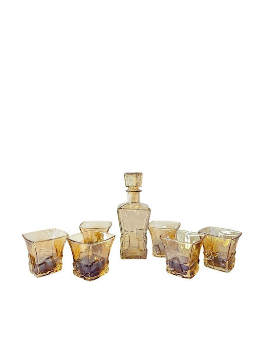 Velve Carafă de Servire din Sticlă pentru Whiskey cu Dop și Pahare Galben Miere 300ml 7 Bucăți