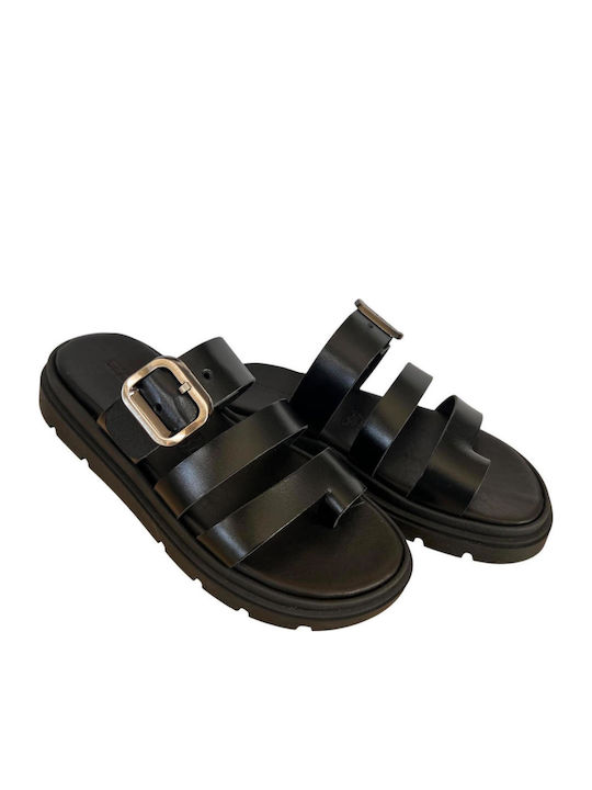 Leather Women's Flat Sandals Flatforms Black