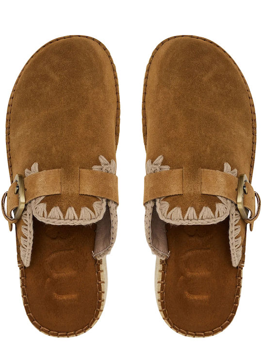 Suede Damen Pantoletten mit Absatz in Tabac Braun Farbe