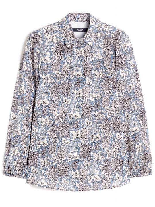 Long Sleeve Women's Shirt Light Blue-Ecru Floral