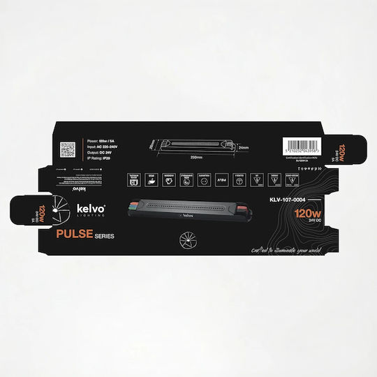 Kelvo Pulse Klv-107-0004 Ultra Slim Power Supply Transformer Class I Pelv 120W 5A AC 220-240V DC 24V IP20 Grey Anthracite Matte M25 x W2.6 x H2.4cm 5 Years Warranty