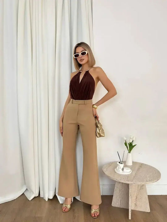 Women's High Rise Fabric Trousers Flared Slim Fit Beige