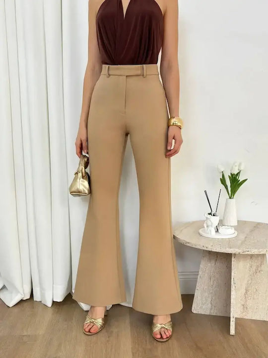 Women's High Rise Fabric Trousers Flared Slim Fit Beige
