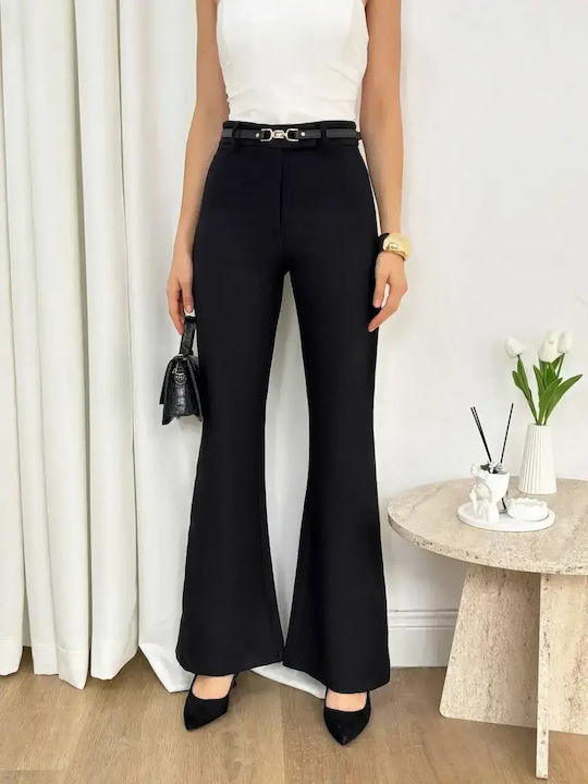 Women's High Rise Fabric Flared Trousers in Slim Fit Black