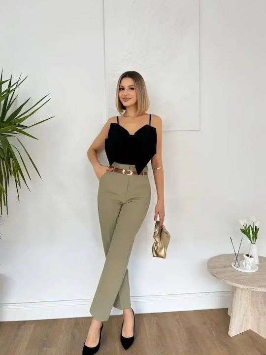 Women's High Rise Fabric Trousers in Slim Fit Khaki