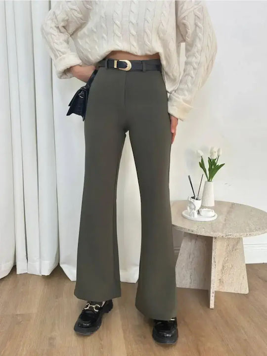 Women's High Rise Fabric Flared Trousers in Slim Fit Khaki