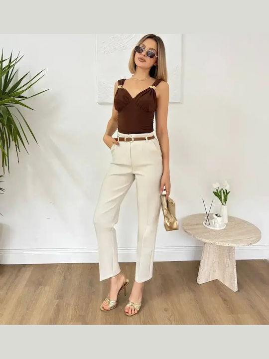 Women's High Rise Fabric Trousers in Slim Fit Beige