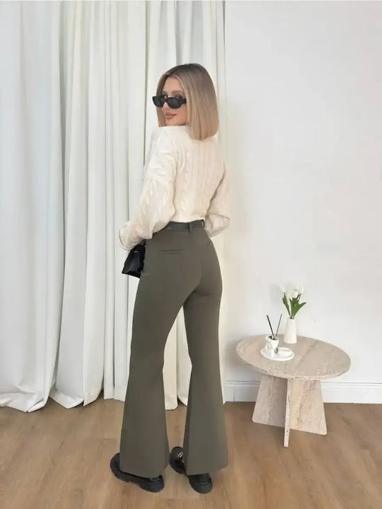 Women's High Rise Fabric Flared Trousers in Slim Fit Khaki
