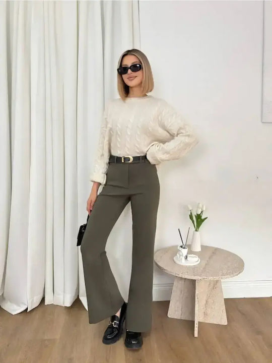 Women's High Rise Fabric Flared Trousers in Slim Fit Khaki