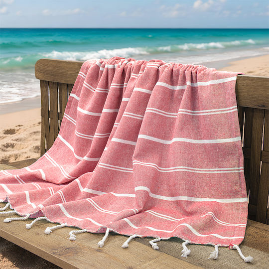 Lino Home Beach Towel Pareo Cotton Coral With Fringes 90x180cm