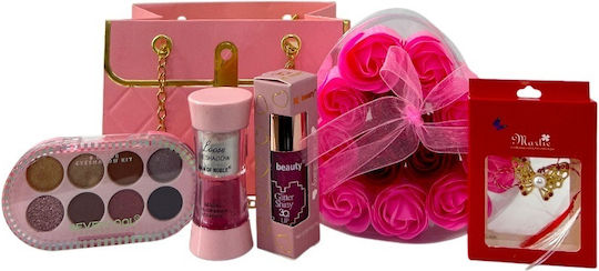 Set Îngrijire Beauty Pink Deluxe Makeup Kit Shimmering Pigment Glitter Lip Gloss Heart Soap Roses Broșă Mărțișor