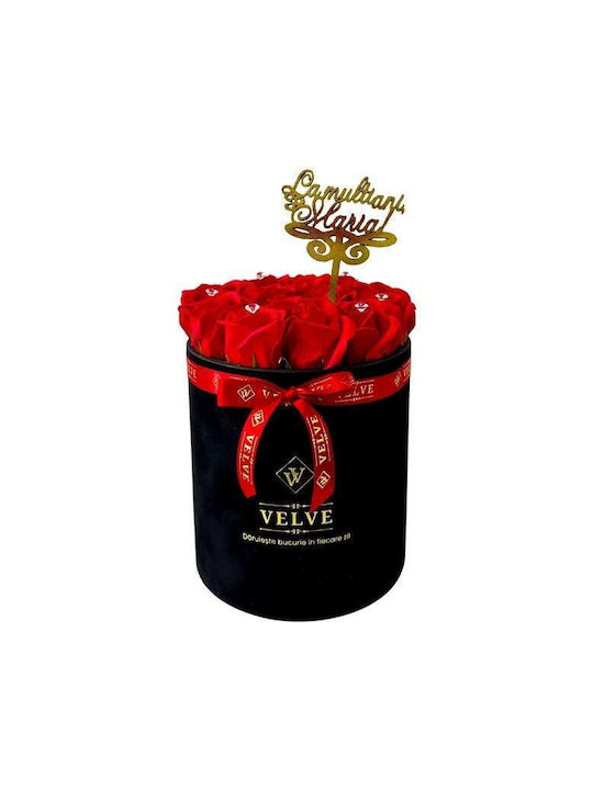 Aranjament Floral Crystal Beauty 15 Trandafiri Săpun Handmade Cristale În Cutie Catifea Neagră Topper Roșu „La Mulți Ani Maria!”