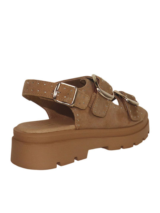 Δερμάτινα Γυναικεία Σανδάλια Flatforms Καφέ