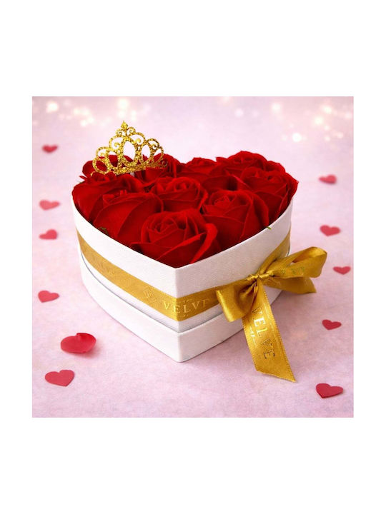 "royal Crown" Floral Arrangement – Heart-shaped Box 10 Soap Roses Golden Crown Topper