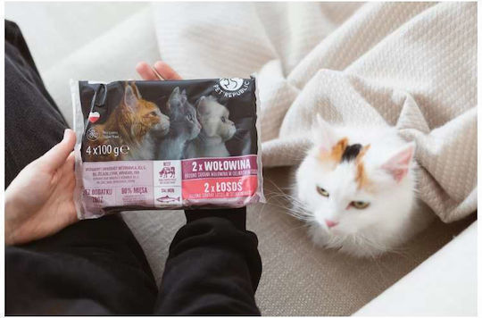 Pet Republic Wet Cat Food for Adult Cats in Pouches with Beef Meat Salmon and Fish Grain Free 36x100gr