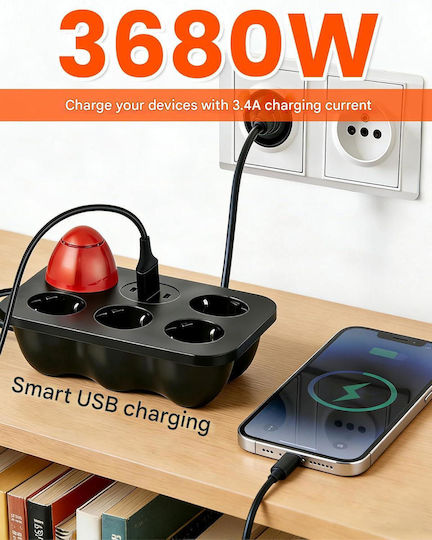Prelungitor Bandă de Alimentare de Siguranță cu 7 Prize cu 1 USB-A 2 USB-C Comutator și Cablu de 2m
