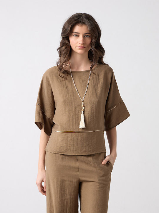 Women's Blouse with 3/4 Sleeve and Smile Neckline Olive