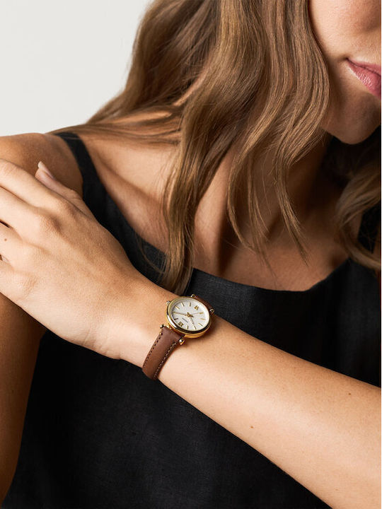 Fossil Carlie Кварцов Часовник с Кожена Каишка Fossil Carlie Кварцов Часовник с Кожена Каишка