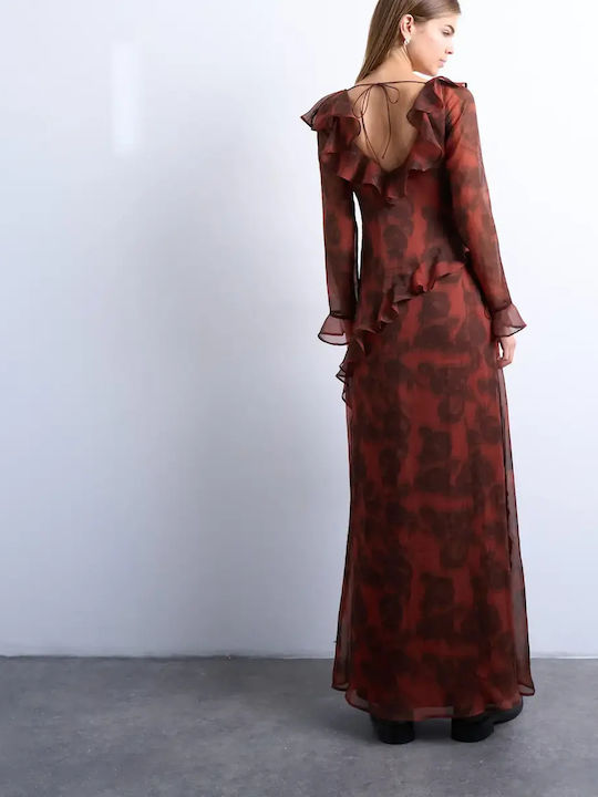 Maxi Evening Dress with Ruffles Brown