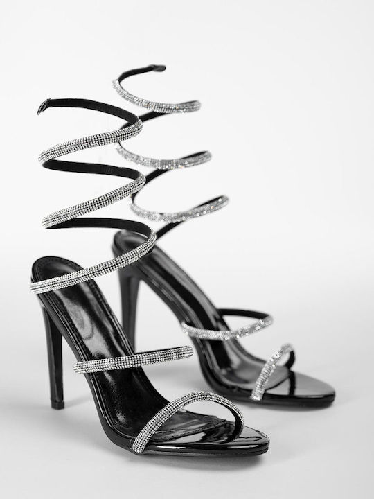 Damen Sandalen aus Lackleder mit Strass Schwarz