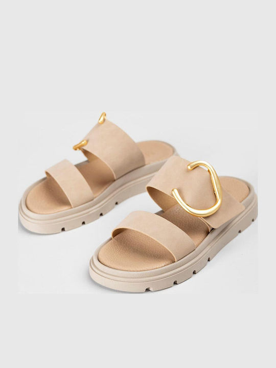 Leather Women's Flat Sandals Beige