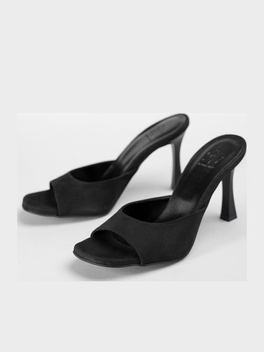 Suede Women's Mules with Thin High Heel in Black Color