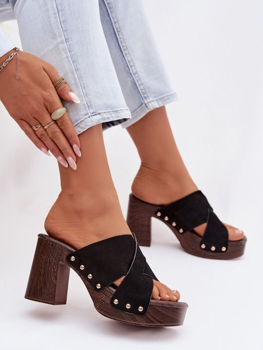 Suede Mules με Ψηλό Τακούνι σε Μαύρο Χρώμα