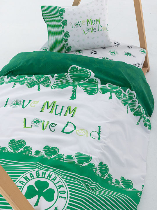Palamaiki Single Cotton Sheet Set with Elastic Band Panathinaikos F.c 170x260cm 3 Pieces