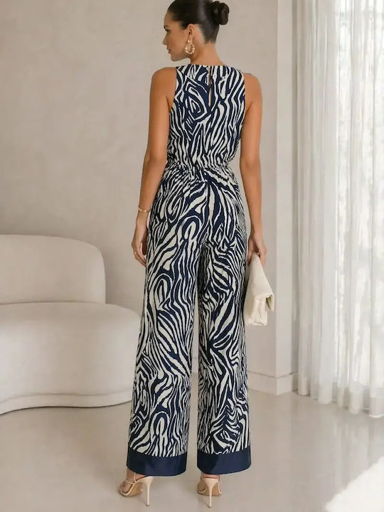 Damenteilose Ärmel Satin Jumpsuit Beige und Blau