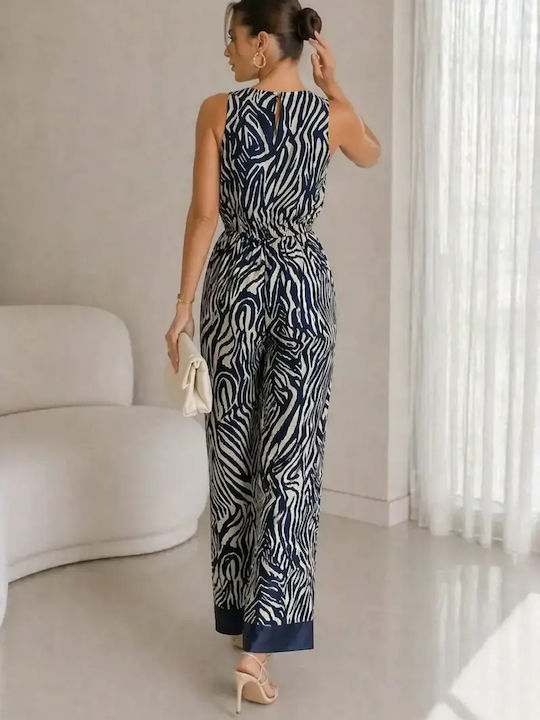 Damenteilose Ärmel Satin Jumpsuit Beige und Blau