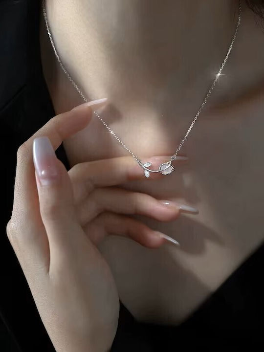 By Queen Silver Minimal Elegant Tulip Necklace With Zircon