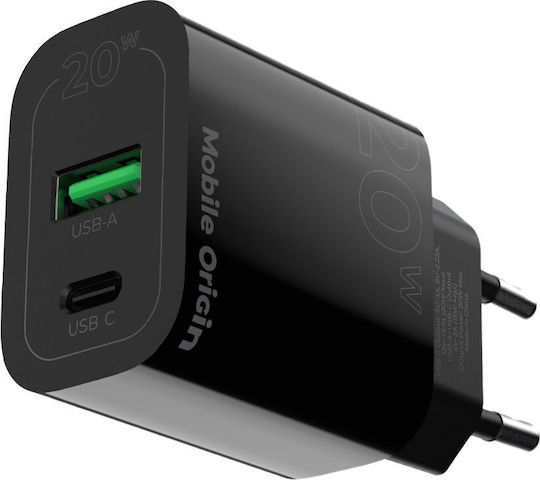 Mobile Origin Charger Without Cable with USB-A Port and USB-C Port 20W Power Delivery Black (MO12)
